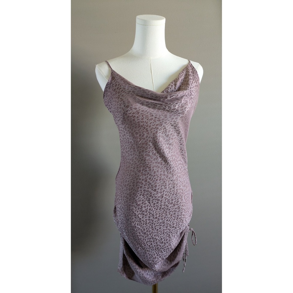 FORE Soft Purple Leopard Print Satin Cowl Neck Ruched Mini Dress Small